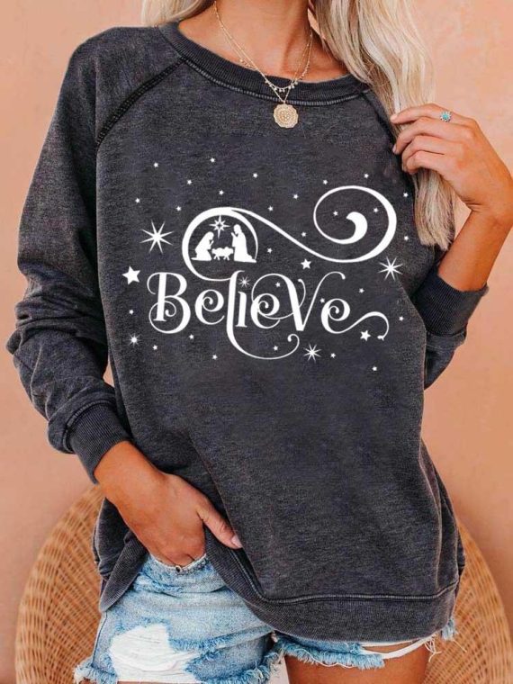 Dark Grey Casual Graphic Tops Round Neck Long Sleeve Believe Christmas Printed Sweatshirt