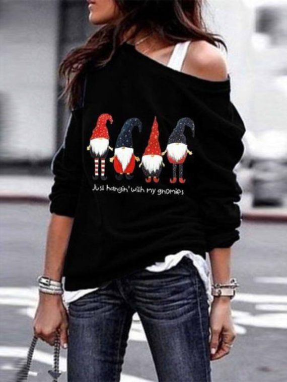 Cute Casual Graphic Tops Round Neck Long Sleeve Gnomes Printed Sweatshirts - Image 2