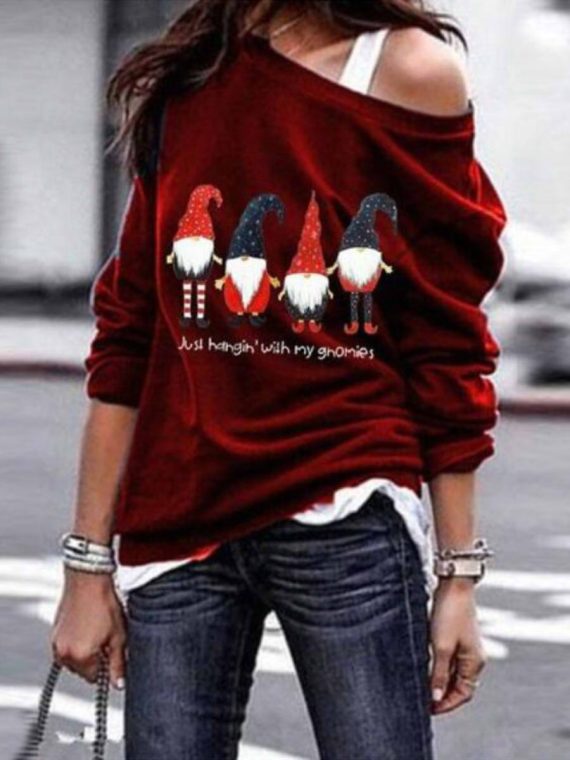 Cute Casual Graphic Tops Round Neck Long Sleeve Gnomes Printed Sweatshirts - Image 3