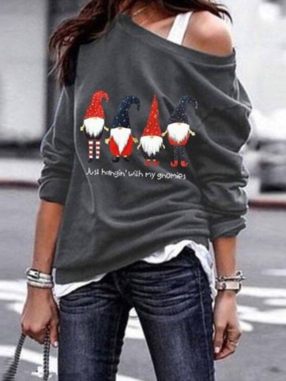Cute Casual Graphic Tops Round Neck Long Sleeve Gnomes Printed Sweatshirts