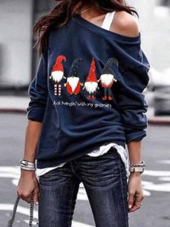 Cute Casual Graphic Tops Round Neck Long Sleeve Gnomes Printed Sweatshirts - Image 4
