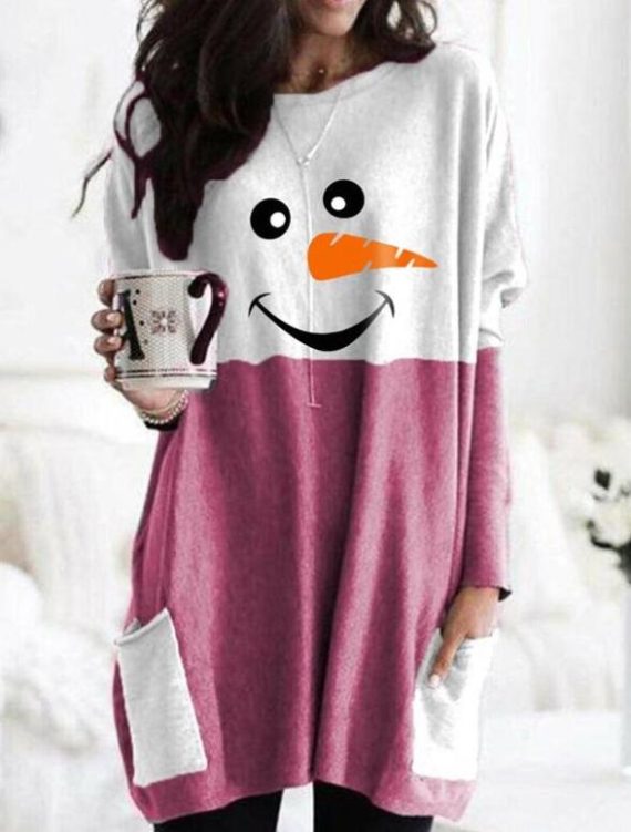 Blue Casual Graphic Tops Round Neck Long Sleeve Snowman Face Printed Sweatshirt