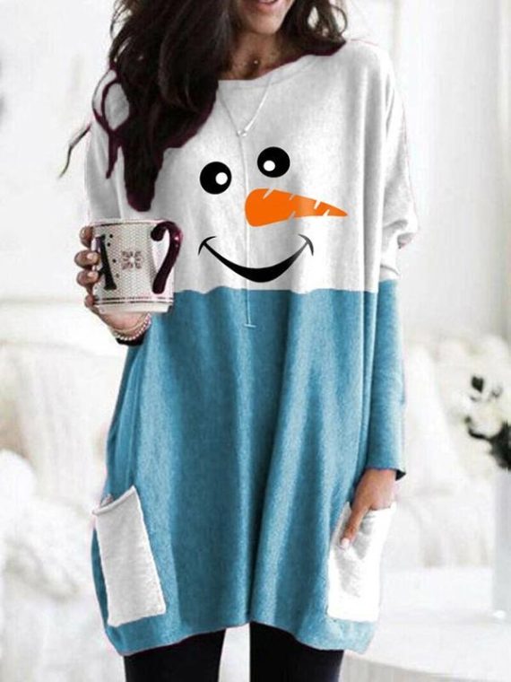 Blue Casual Graphic Tops Round Neck Long Sleeve Snowman Face Printed Sweatshirt - Image 2