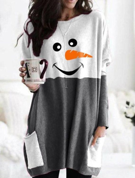 Blue Casual Graphic Tops Round Neck Long Sleeve Snowman Face Printed Sweatshirt - Image 3