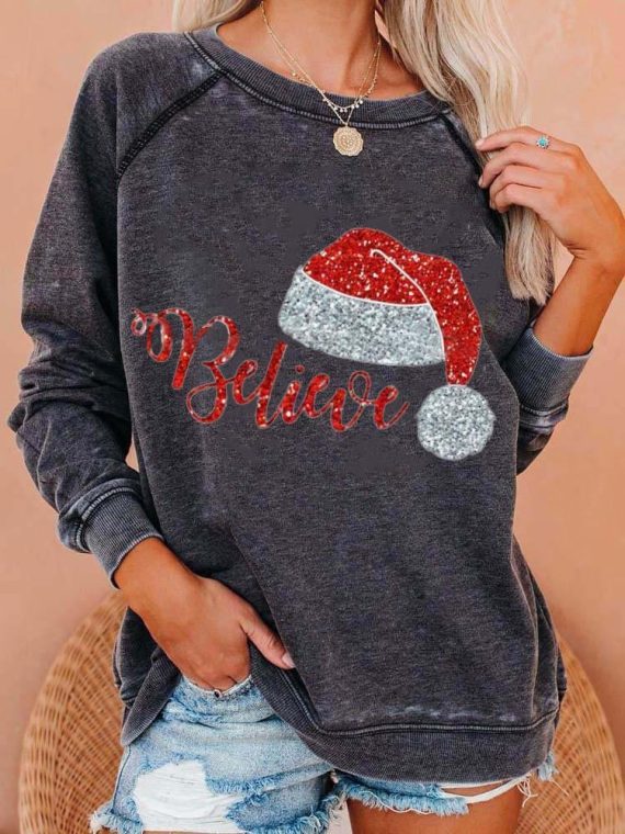 Dark Grey Casual Graphic Tops Round Neck Long Sleeve Christmas Believe Printed Sweatshirts