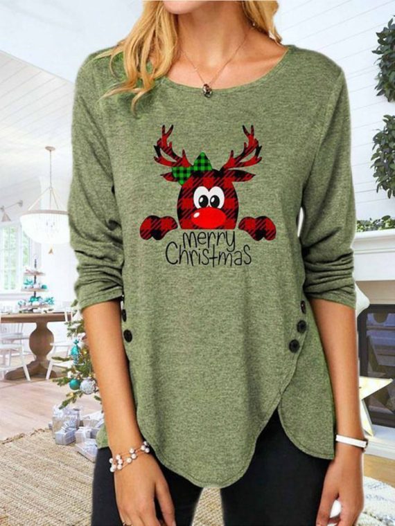 Cute Casual Graphic Tops Round Neck Long Sleeve Deer Printed Sweatshirts With Buttons