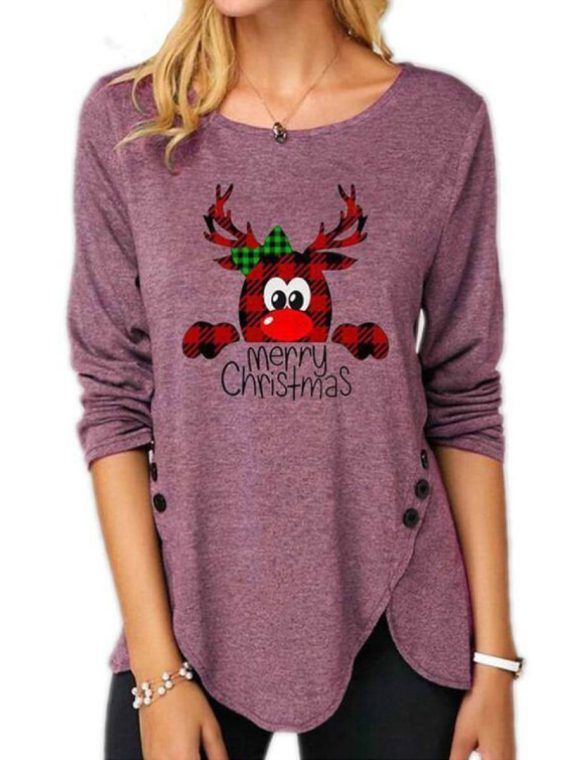 Cute Casual Graphic Tops Round Neck Long Sleeve Deer Printed Sweatshirts With Buttons - Image 2