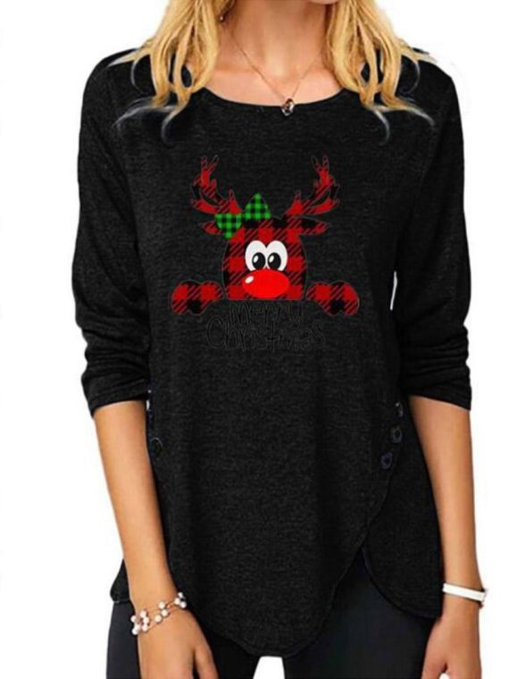 Cute Casual Graphic Tops Round Neck Long Sleeve Deer Printed Sweatshirts With Buttons - Image 3