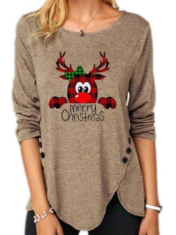 Cute Casual Graphic Tops Round Neck Long Sleeve Deer Printed Sweatshirts With Buttons - Image 4