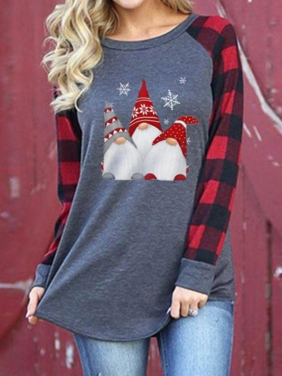 Casual Graphic Tops Round Neck Long Sleeve Plaid Christmas Gnomes Printed Sweatshirts