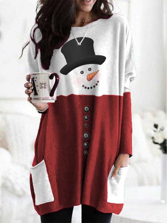 Casual Graphic Tops Round Neck Long Sleeve Snowman Printed Sweatshirts With Pockets for Christmas