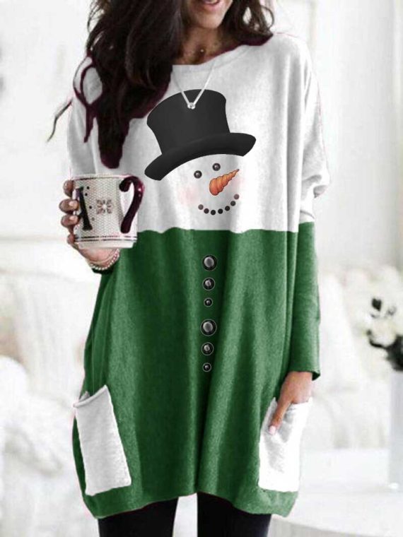 Casual Graphic Tops Round Neck Long Sleeve Snowman Printed Sweatshirts With Pockets for Christmas - Image 2