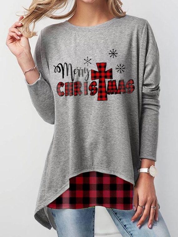 Casual Gray Graphic Tops Round Neck Long Sleeve Merry Christmas Alphabet Printed Sweatshirts