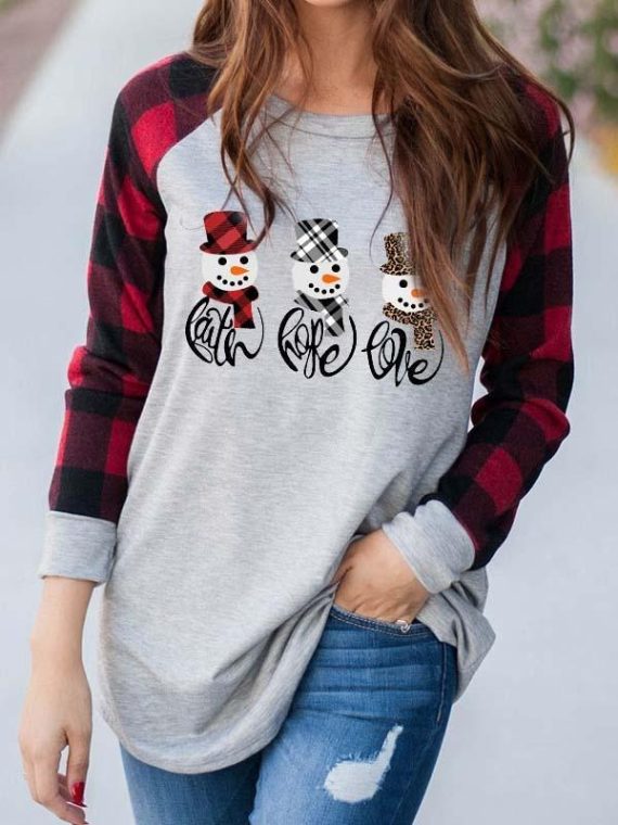 Casual Graphic Tops Crew Neck Long Sleeve Snowman Printed Sweatshirts for Christmas - Image 2