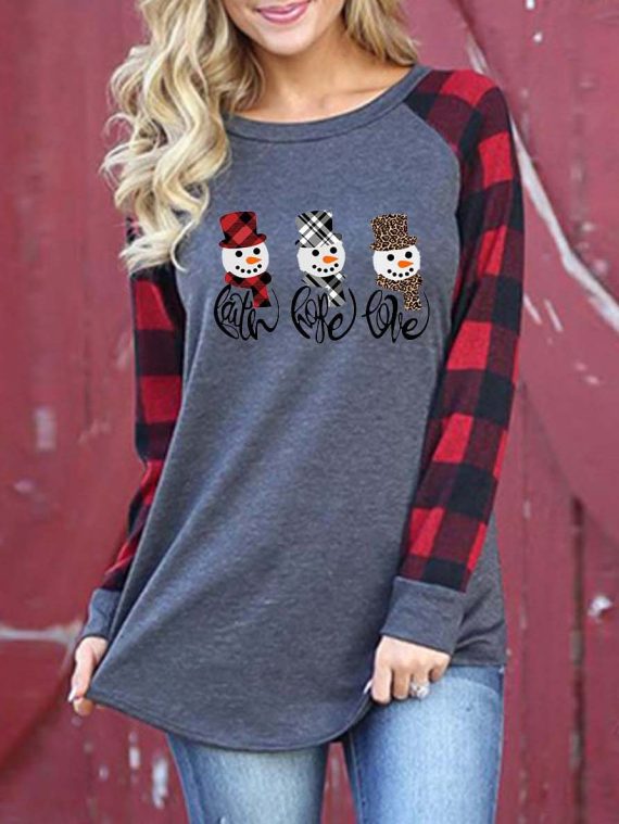 Casual Graphic Tops Crew Neck Long Sleeve Snowman Printed Sweatshirts for Christmas