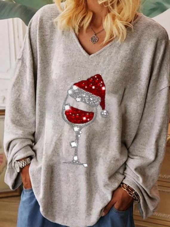 Casual Graphic Tops V-Neck Long Sleeve Christmas Wine Glass Printed Sweatshirts