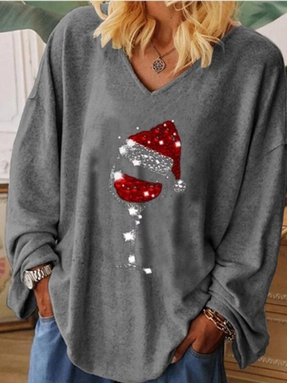 Casual Graphic Tops V-Neck Long Sleeve Christmas Wine Glass Printed Sweatshirts - Image 2