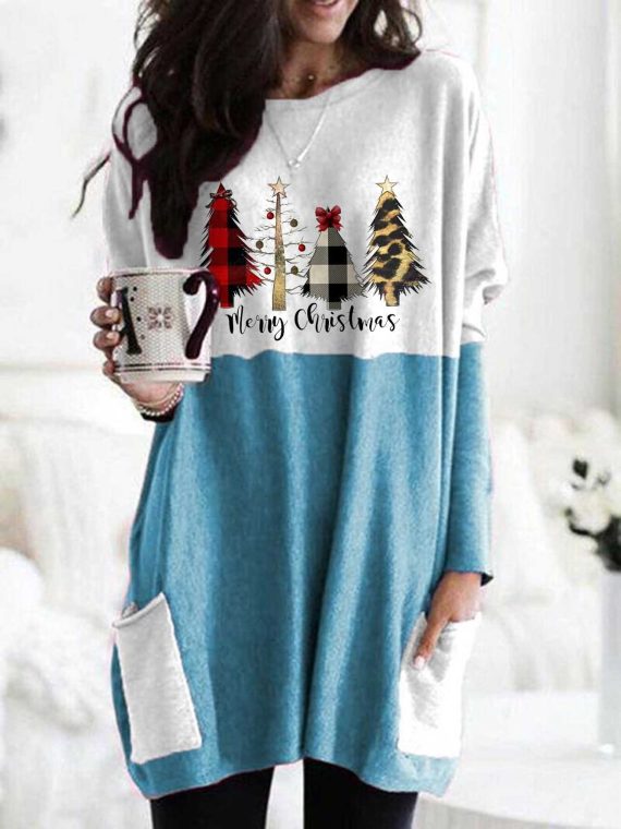 Casual Graphic Tops Round Neck Christmas Tree Printed Long Sleeve Xmas Sweatshirts