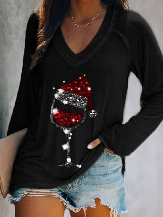 Black Casual Graphic Tops V-neck Long Sleeve Wine Glass Printed Sweatshirts for Christmas