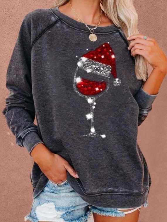 Dark Grey Casual Graphic Tops Round Neck Long Sleeve Christmas Wine Glass Printed Sweatshirts