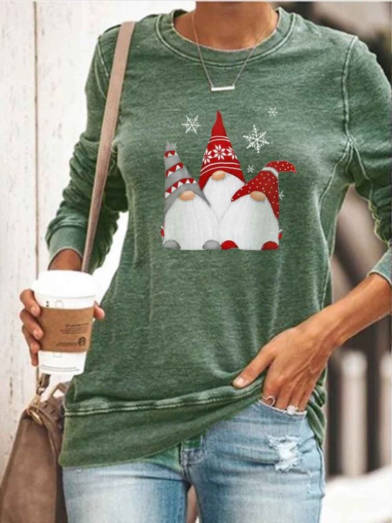 Casual Graphic Tops Round Neck Long Sleeve Christmas Gnomes Printed Sweatshirts
