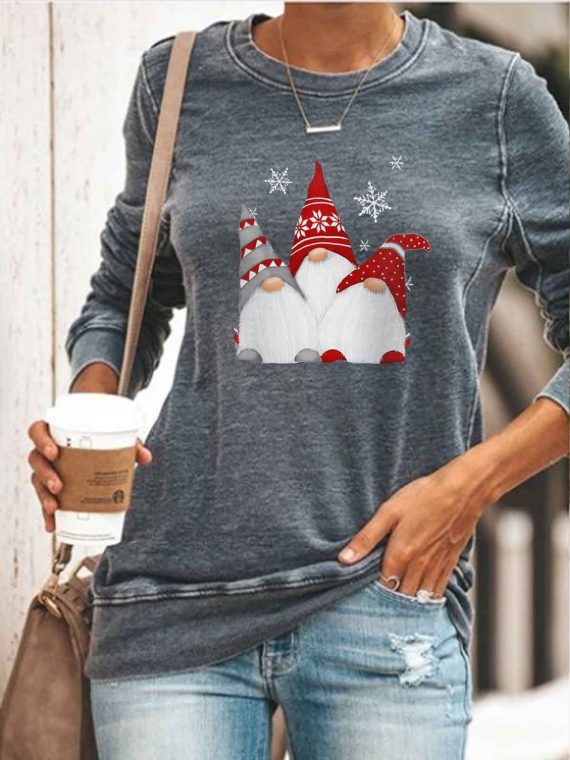 Casual Graphic Tops Round Neck Long Sleeve Christmas Gnomes Printed Sweatshirts - Image 2