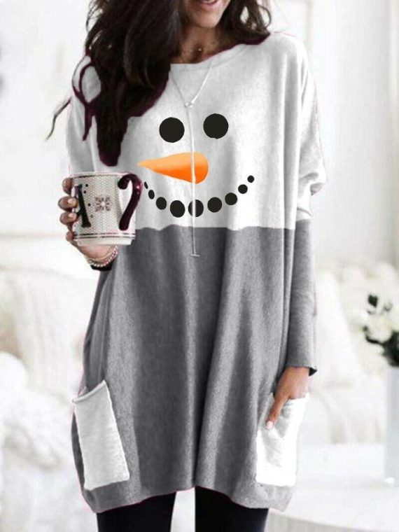 Casual Gray Graphic Tops Round Neck Long Sleeve Smiley Printed Sweatshirts With Pockets
