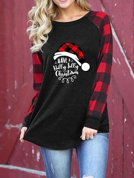 Black Casual Graphic Tops Round Neck Long Sleeve Plaid Christmas Alphabet Print Sweatshirts