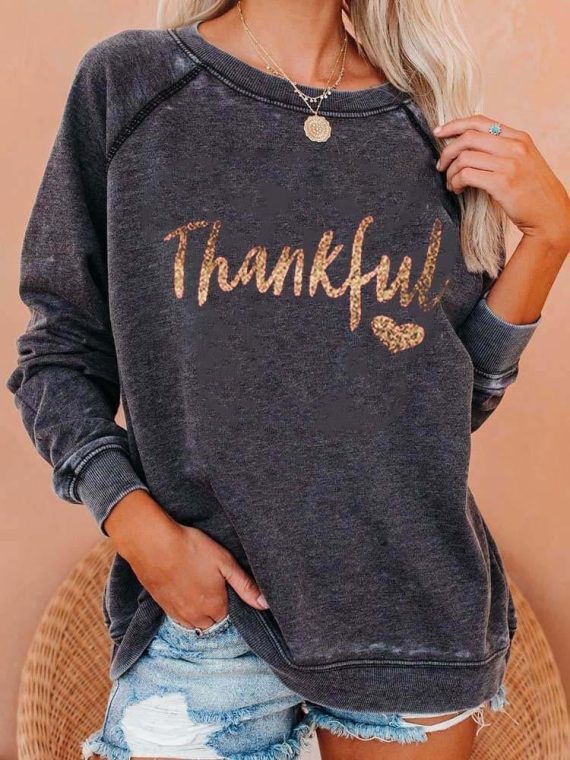 Dark Grey Casual Graphic Tops Round Neck Long Sleeve Alphabet Printed Sweatshirts