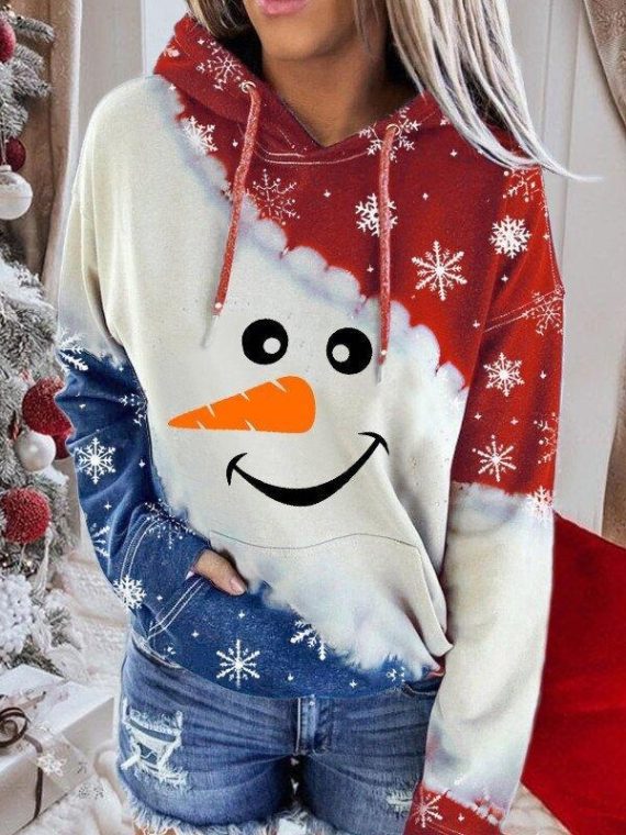 Casual Graphic Tops Orange Long Sleeve Snowman Smiley Printed Hoodies