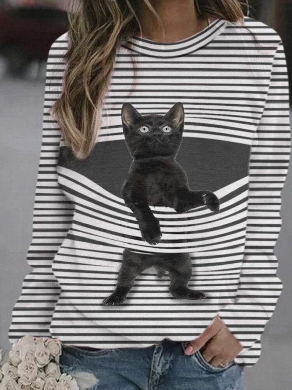 Casual Long Sleeve Round Neck Stripe Cat Printed Sweatshirts
