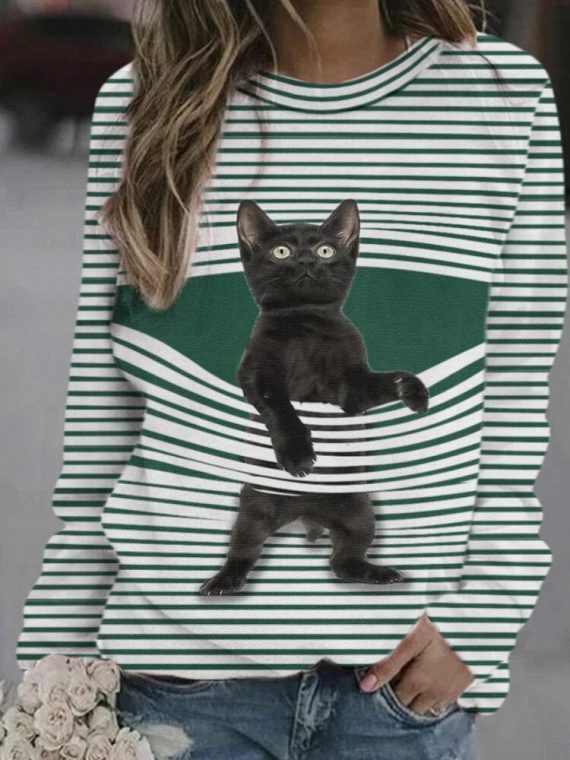 Casual Long Sleeve Round Neck Stripe Cat Printed Sweatshirts - Image 2