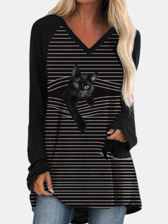 Black Stripe Cat Print V-neck Long Sleeve T-shirt