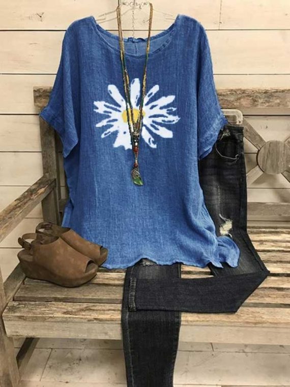 Casual Tops Short Sleeve Round Neck Vintage Floral Printed Blouse - Image 5