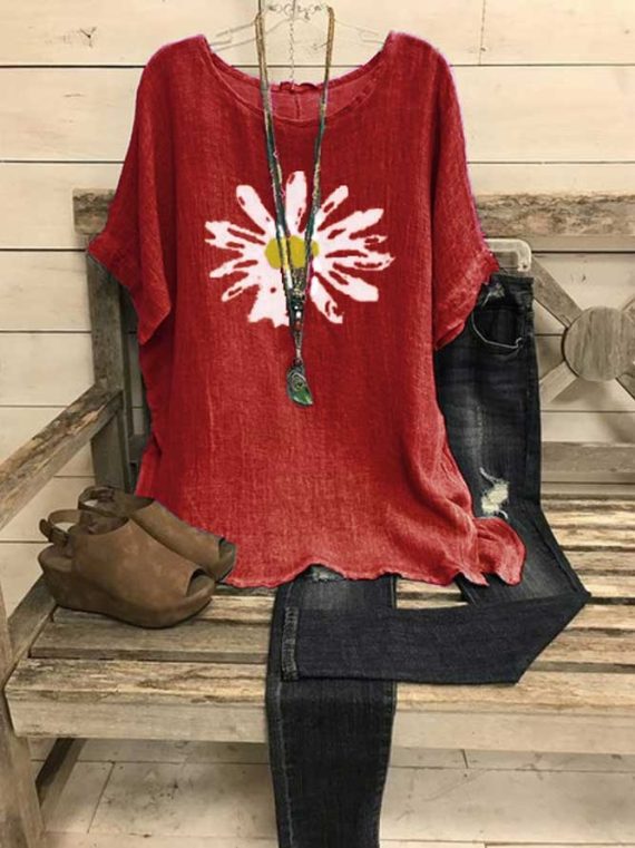 Casual Tops Short Sleeve Round Neck Vintage Floral Printed Blouse - Image 4