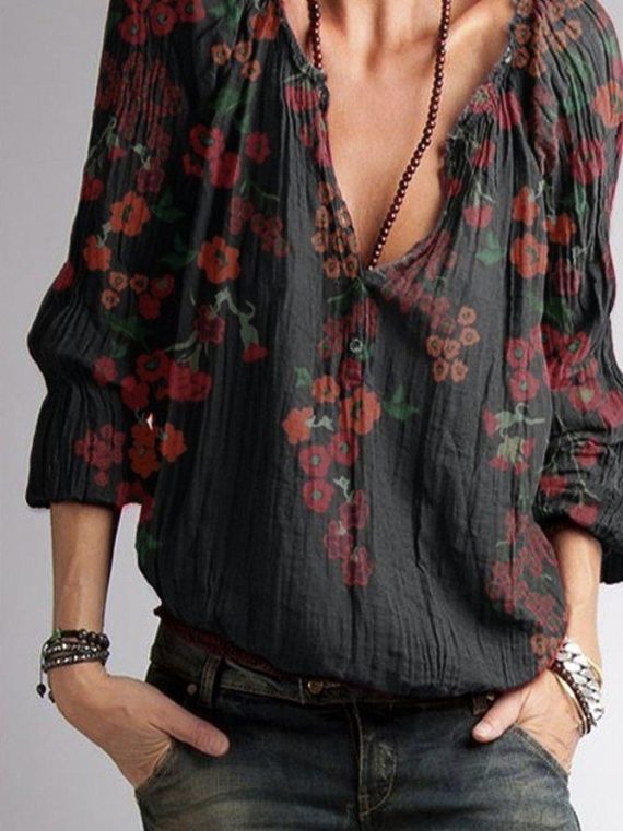 Black Floral Printed Long Sleeve V-neck Casual Blouse - Image 3