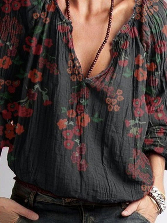 Black Floral Printed Long Sleeve V-neck Casual Blouse - Image 2