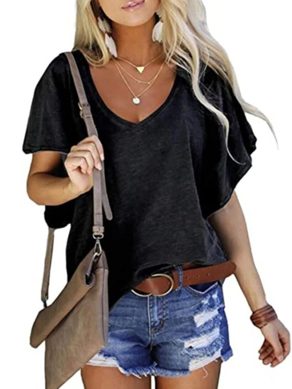 Black Plain V-neck Short Sleeve Casual Tops for Summer