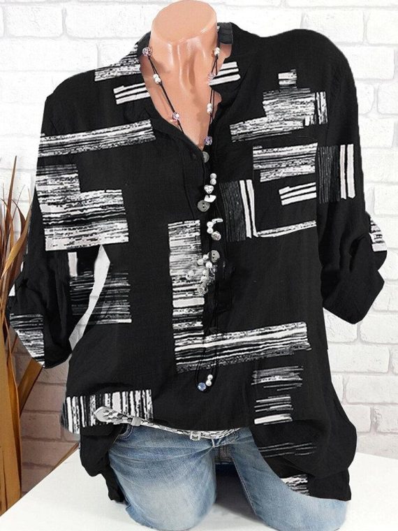 Black Casual Collared Geometric Printed Shirts & Tops - Image 2