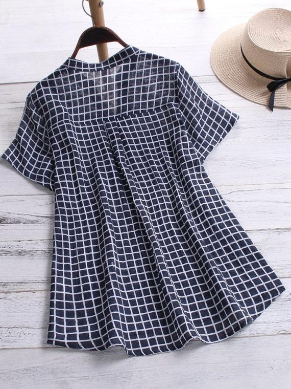Blue Plaid Buttons Stand Collar Short Sleeve Blouse - Image 2