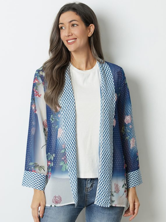 Blue Floral Printed Lapel Long Sleeve Top - Image 2
