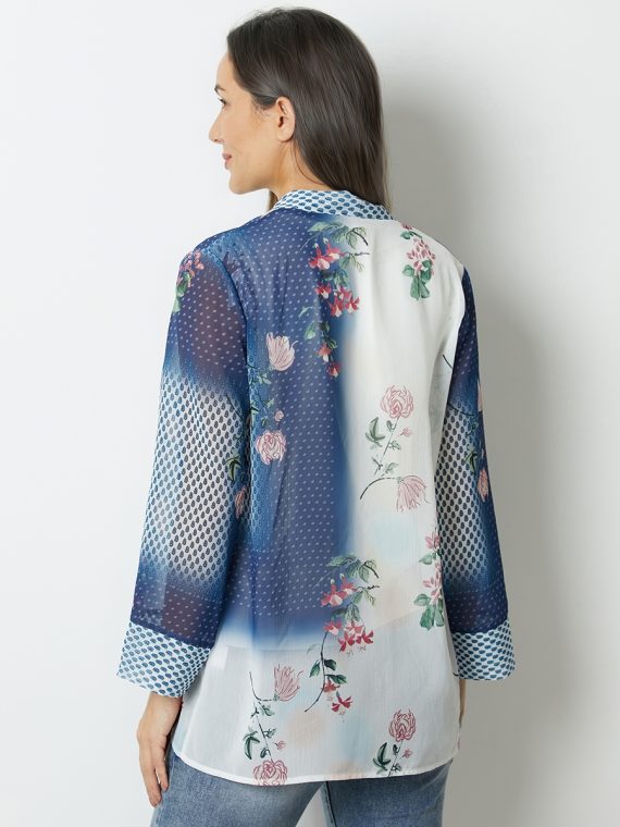 Blue Floral Printed Lapel Long Sleeve Top - Image 4