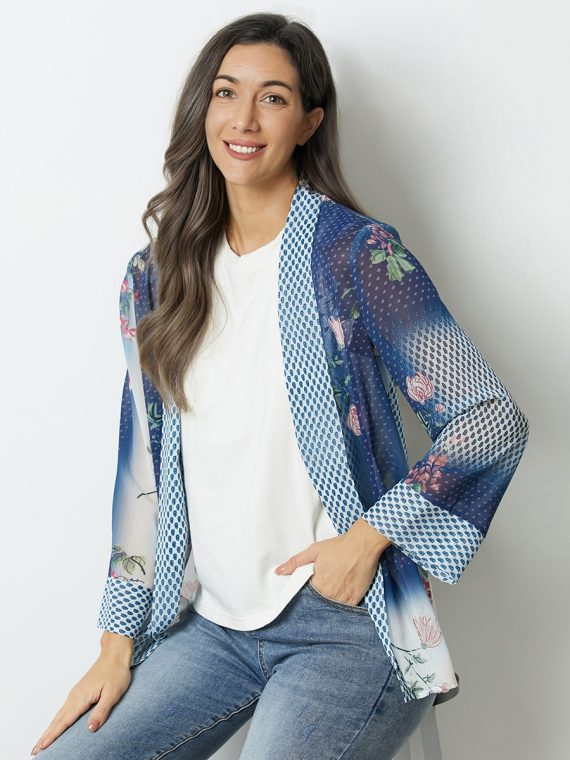 Blue Floral Printed Lapel Long Sleeve Top