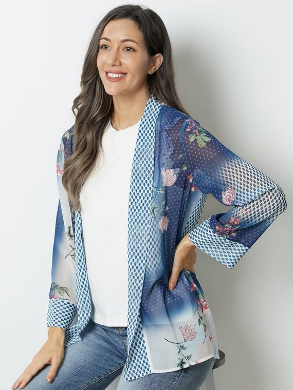 Blue Floral Printed Lapel Long Sleeve Top - Image 3