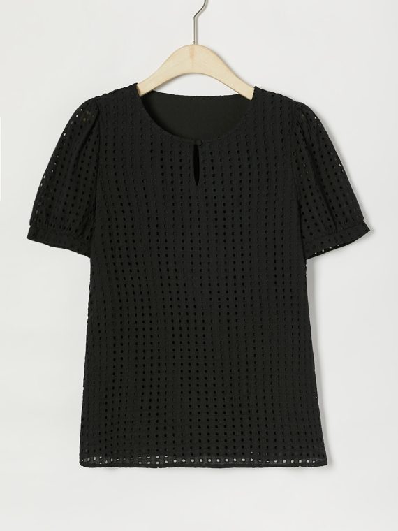 Black Solid Hollow Out Round Neck Short Sleeve Tee - Image 3