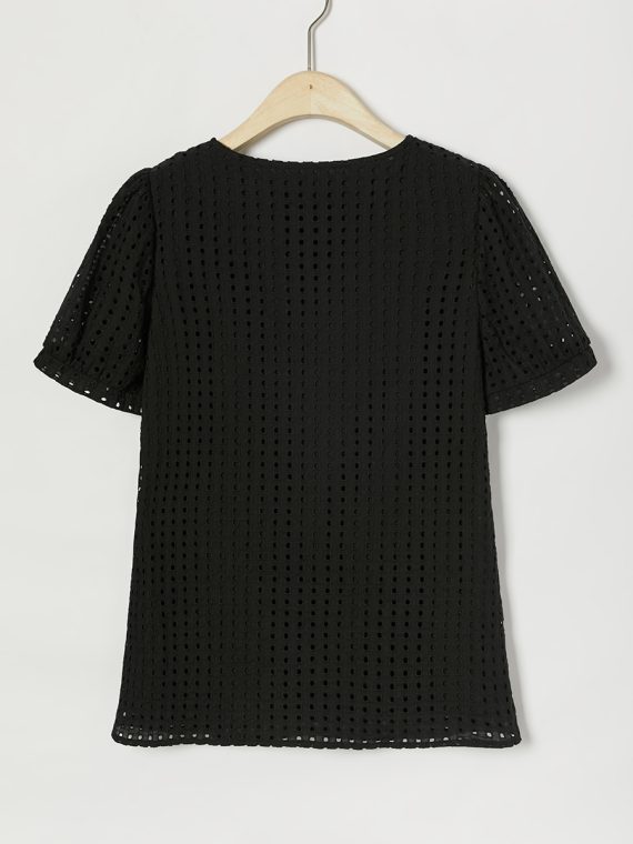 Black Solid Hollow Out Round Neck Short Sleeve Tee - Image 6