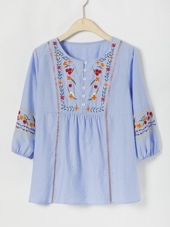 Blue Floral Buttons Round Neck 3/4 Sleeve Shirt