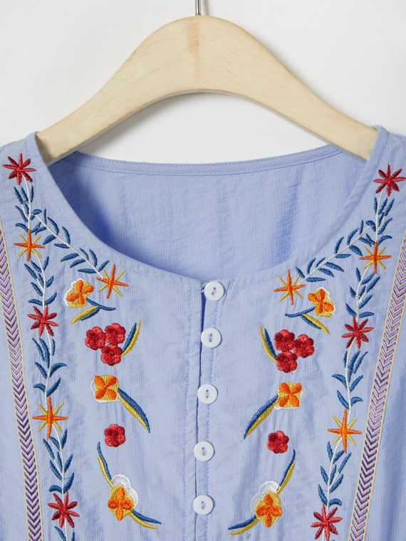 Blue Floral Buttons Round Neck 3/4 Sleeve Shirt - Image 2