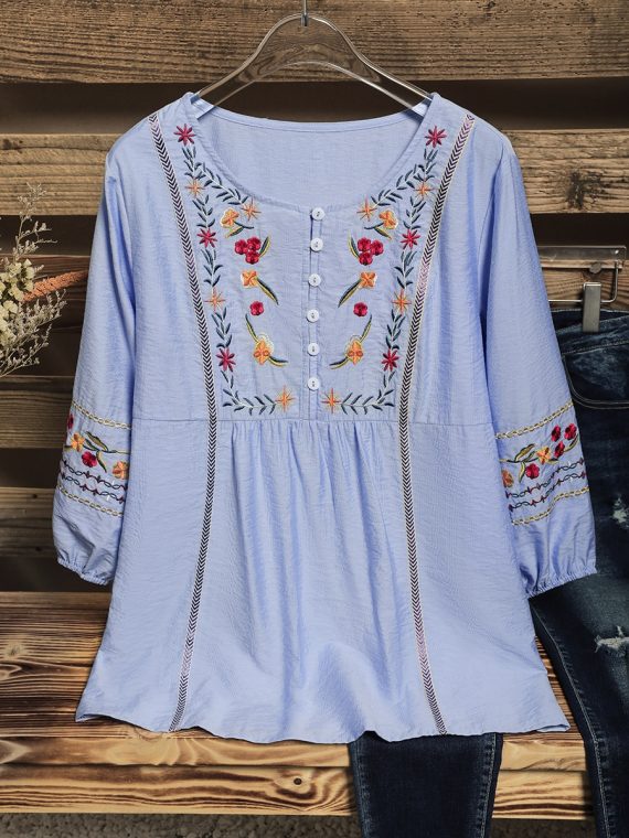 Blue Floral Buttons Round Neck 3/4 Sleeve Shirt - Image 6