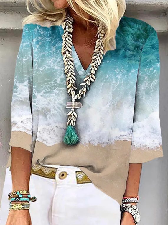 Blue Casual Graphic Tops V-Neck 3/4 Sleeve Beach Printed Blouse